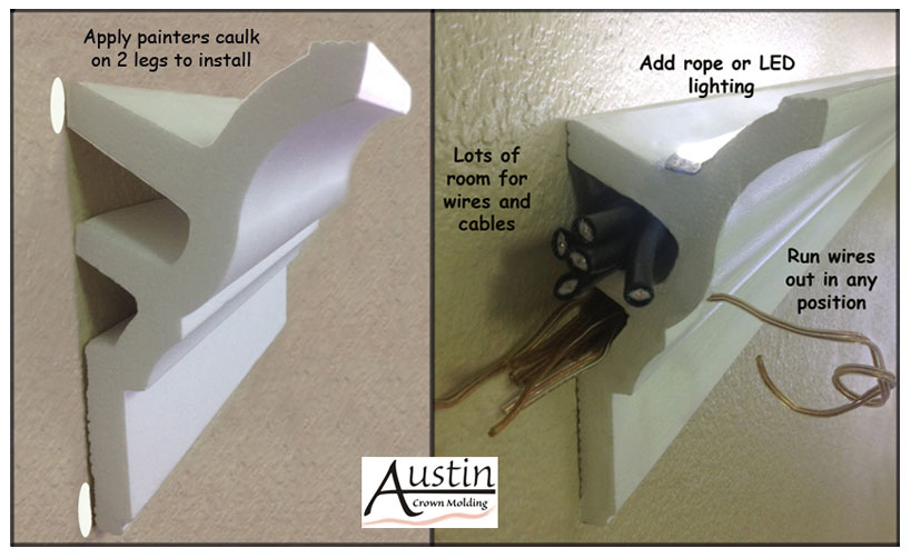 Hide LED wires in foam crown molding